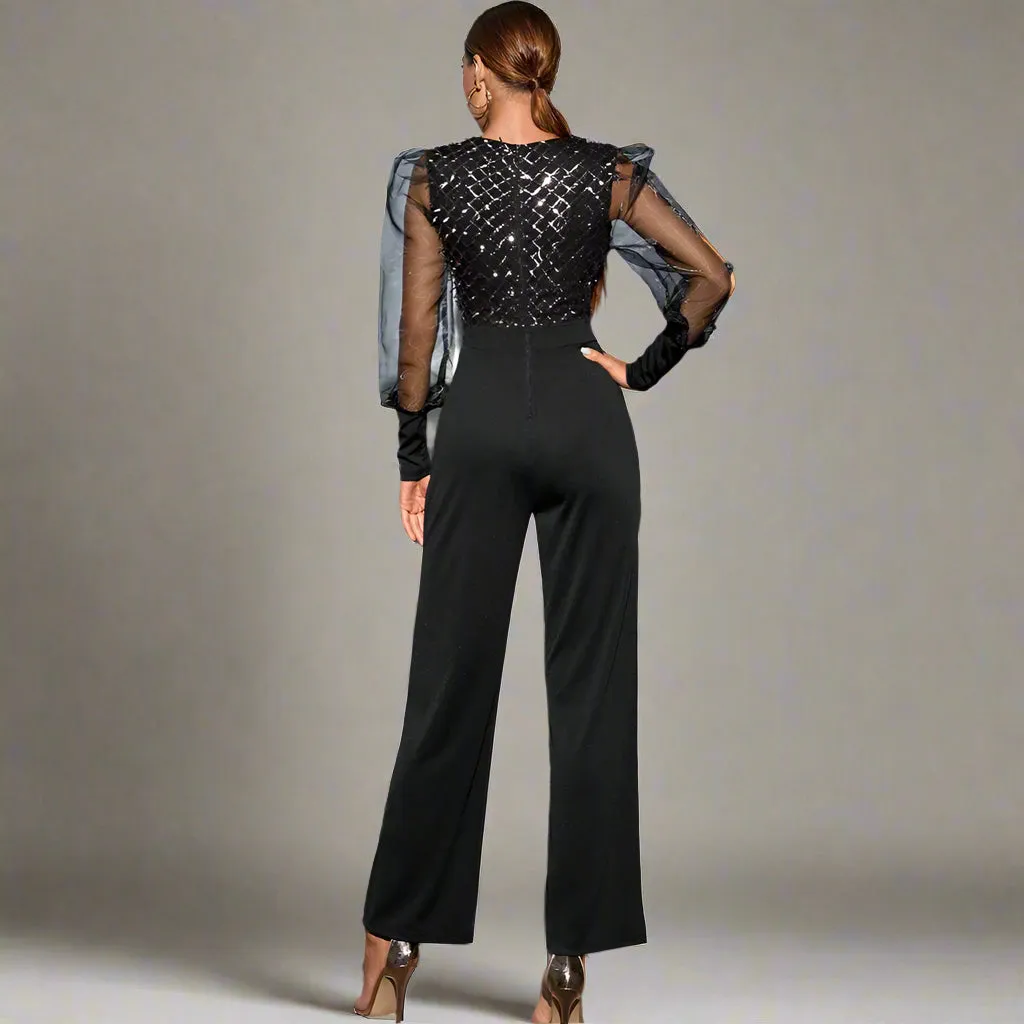 Black Mesh Long sleeve Sequin Bodycon Jumpsuit