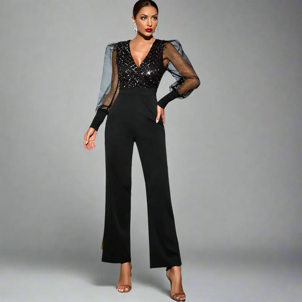 Black Mesh Long sleeve Sequin Bodycon Jumpsuit