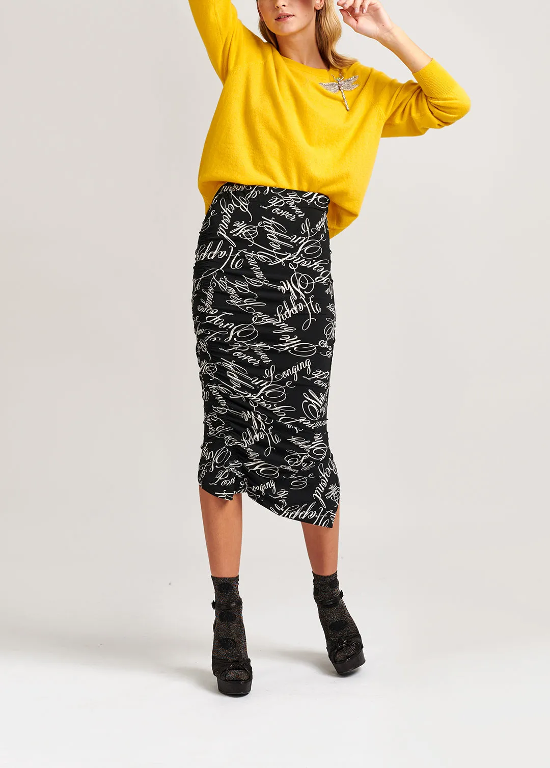 Black midi skirt with script-print