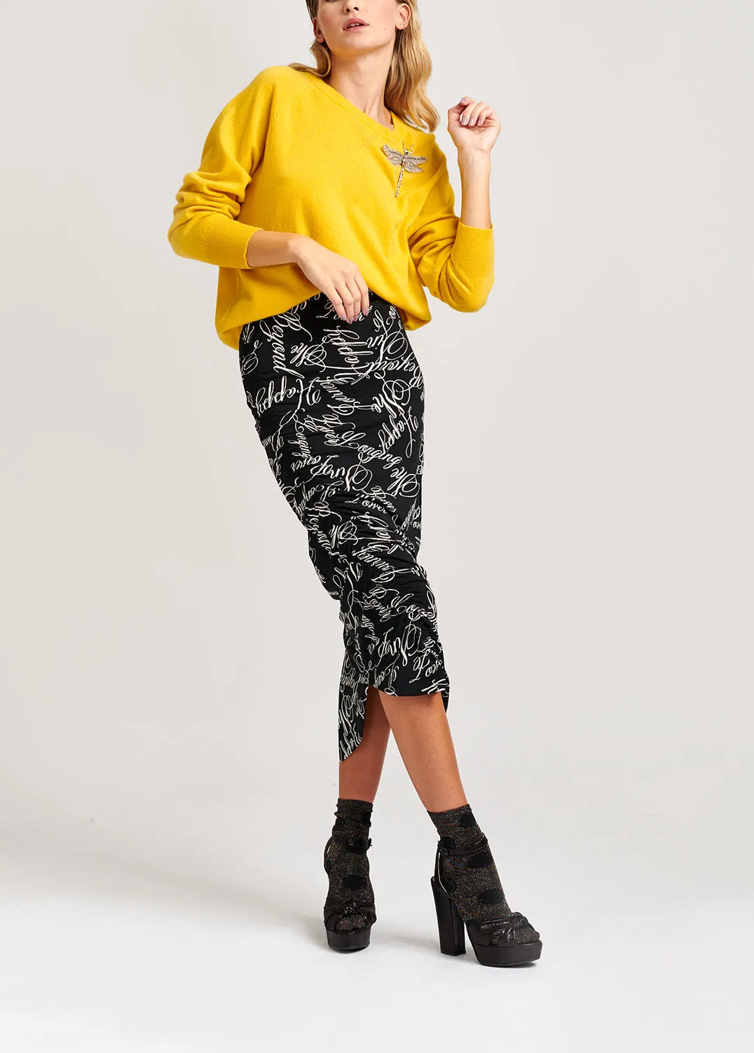 Black midi skirt with script-print