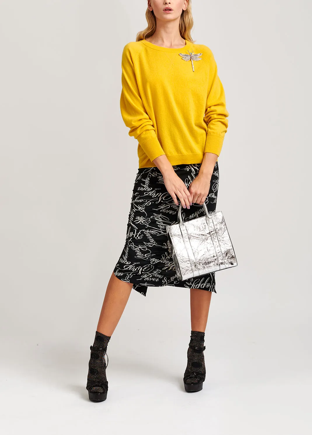 Black midi skirt with script-print