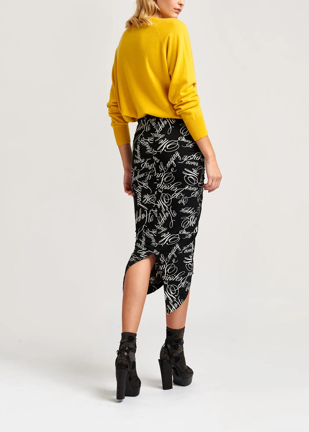 Black midi skirt with script-print