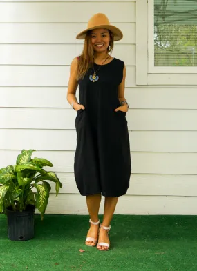 Black Organic Cotton Wrap Dress with Pockets