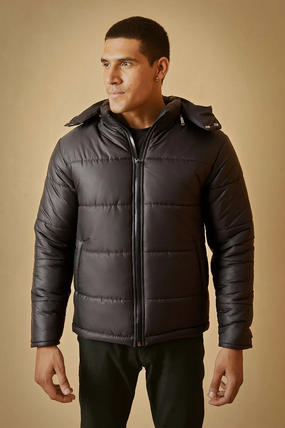 Black Puffer Jacket with Removable Hood