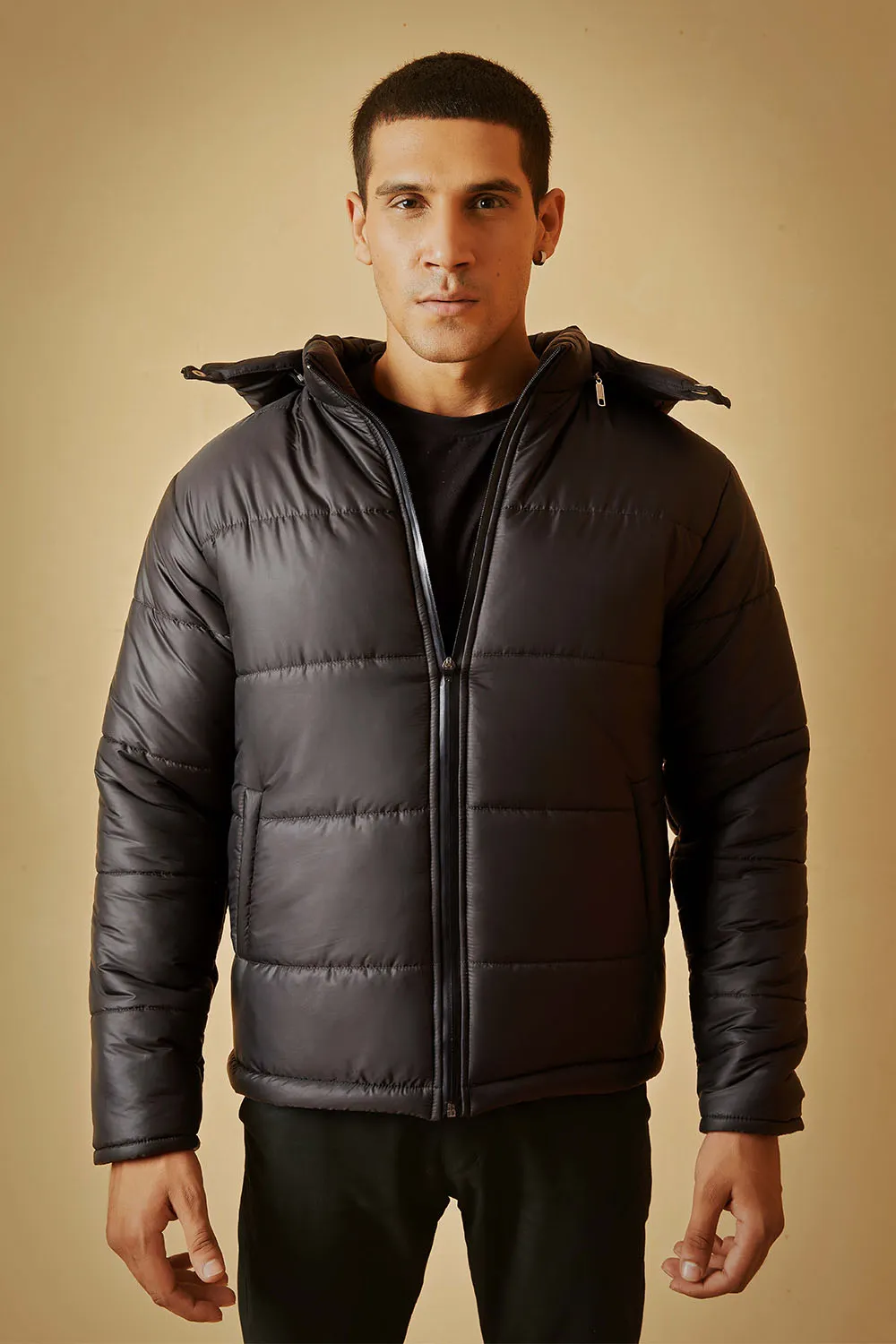 Black Puffer Jacket with Removable Hood