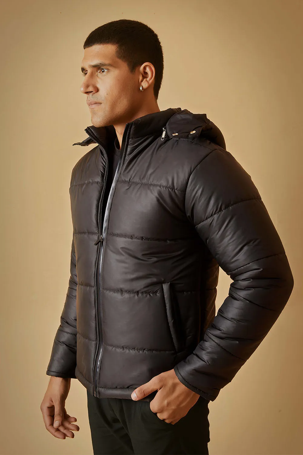 Black Puffer Jacket with Removable Hood