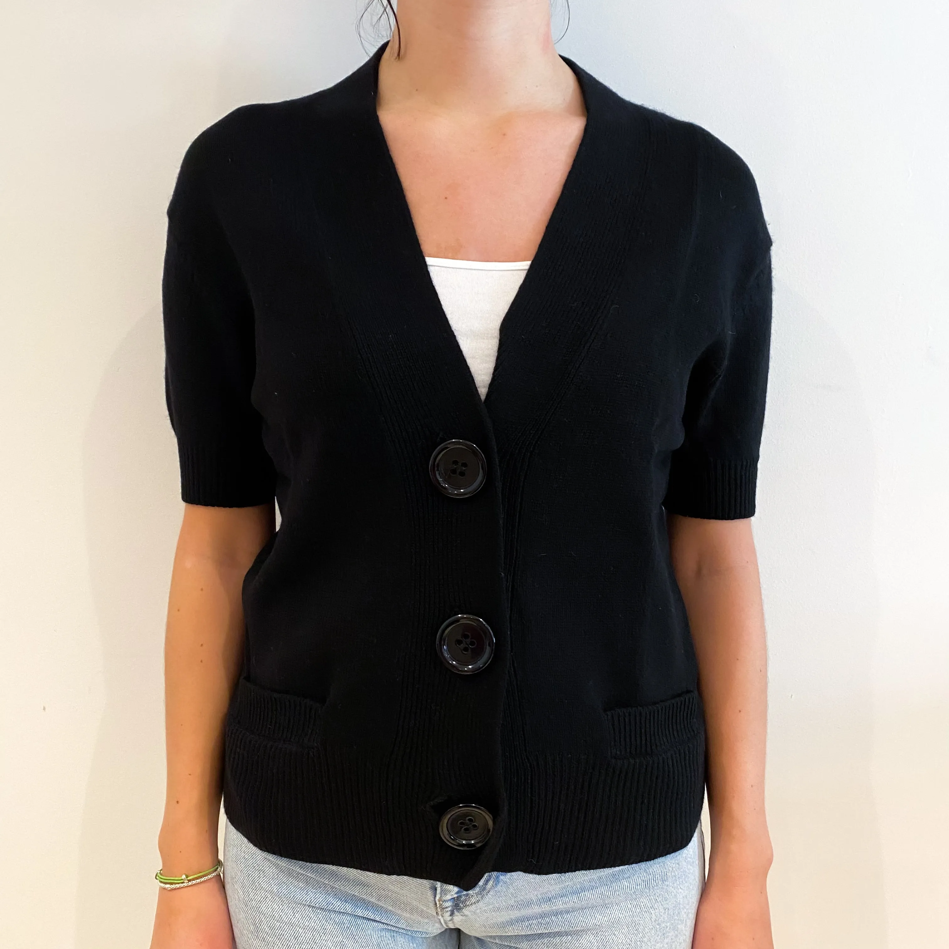 Black Short Sleeved Cashmere V-Neck Cardigan Small