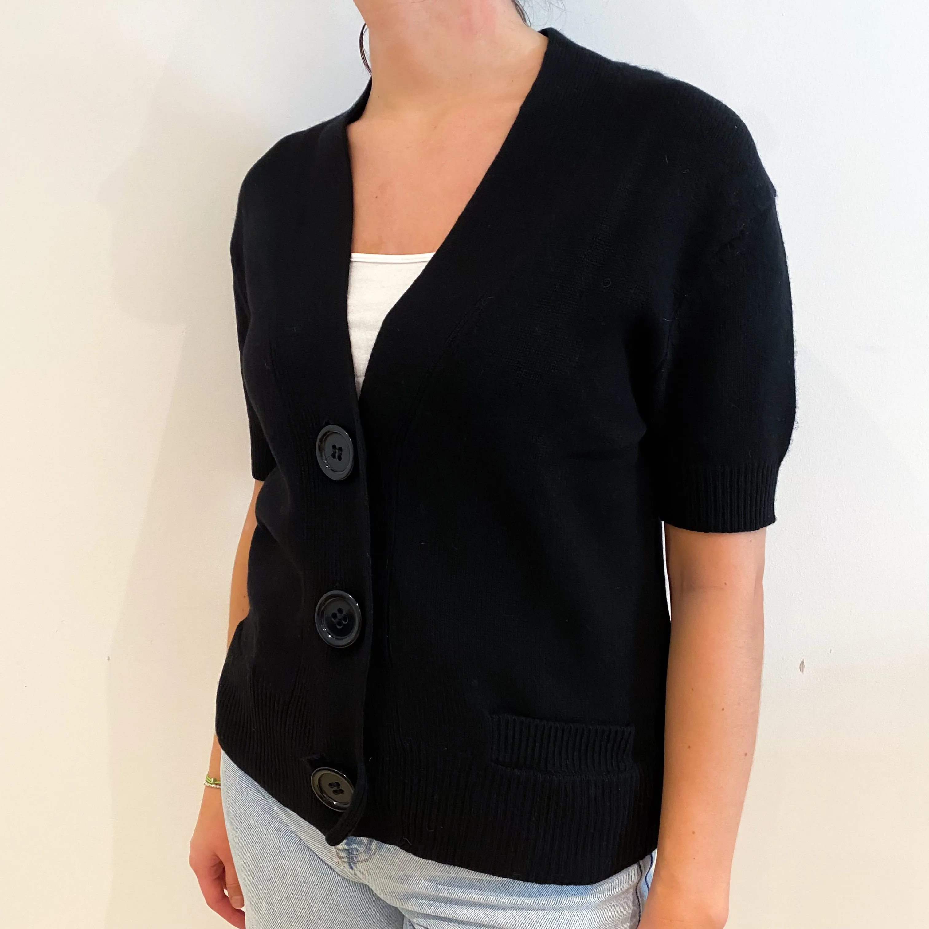 Black Short Sleeved Cashmere V-Neck Cardigan Small