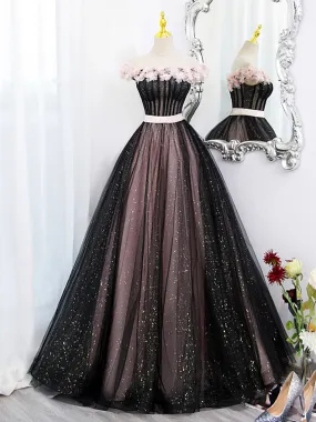 Black Tulle and Pink Flowers Party Dress, Black  Off Shoulder Sweet 16 Dress