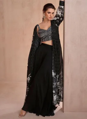 Black White Printed Sequins Embroidered Cape Style Top Palazzo Suit