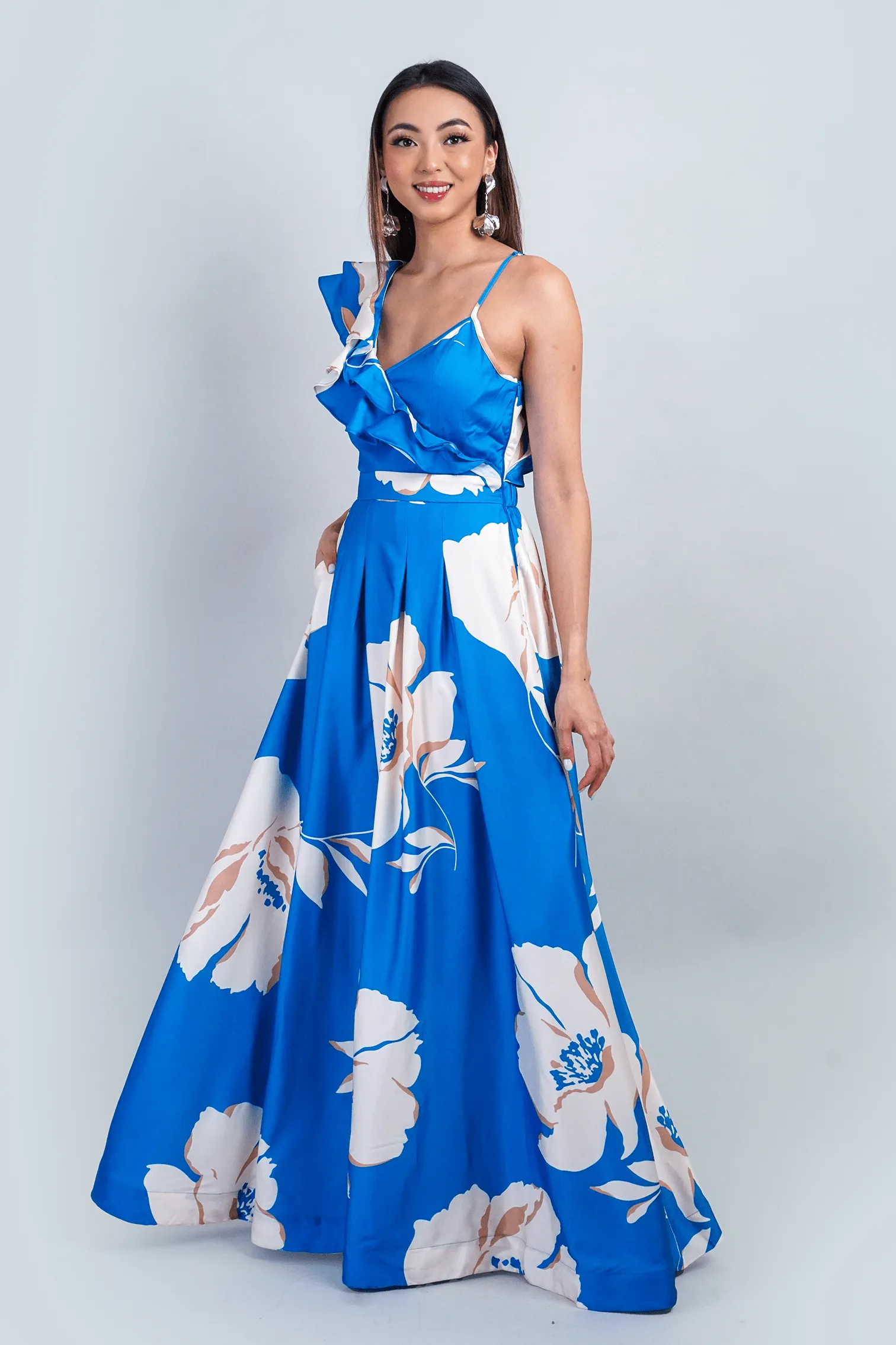 Blue Ivory One Ruffle Straps Gown