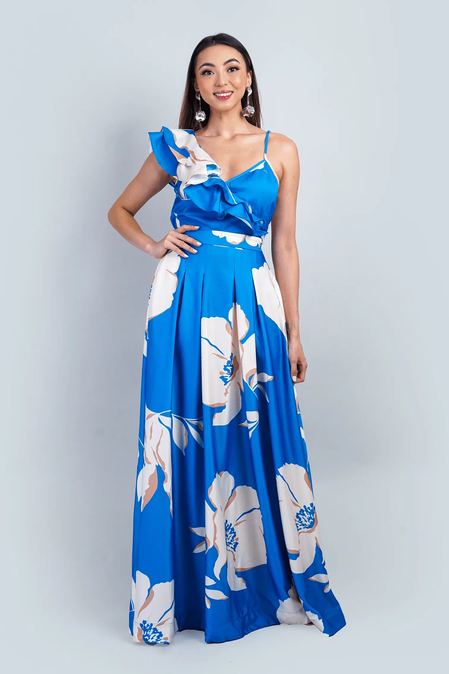 Blue Ivory One Ruffle Straps Gown