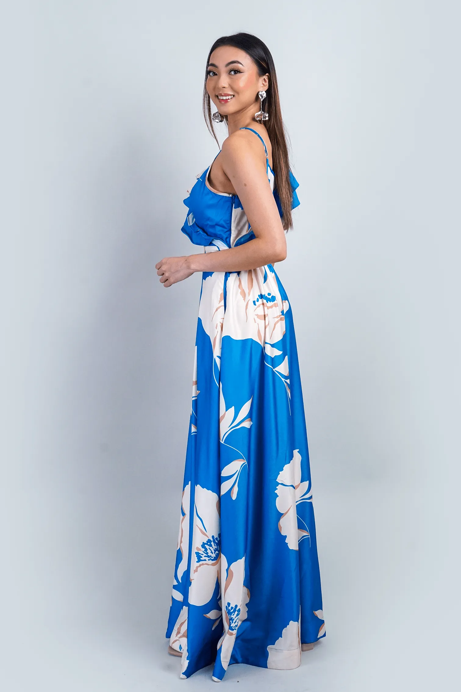 Blue Ivory One Ruffle Straps Gown