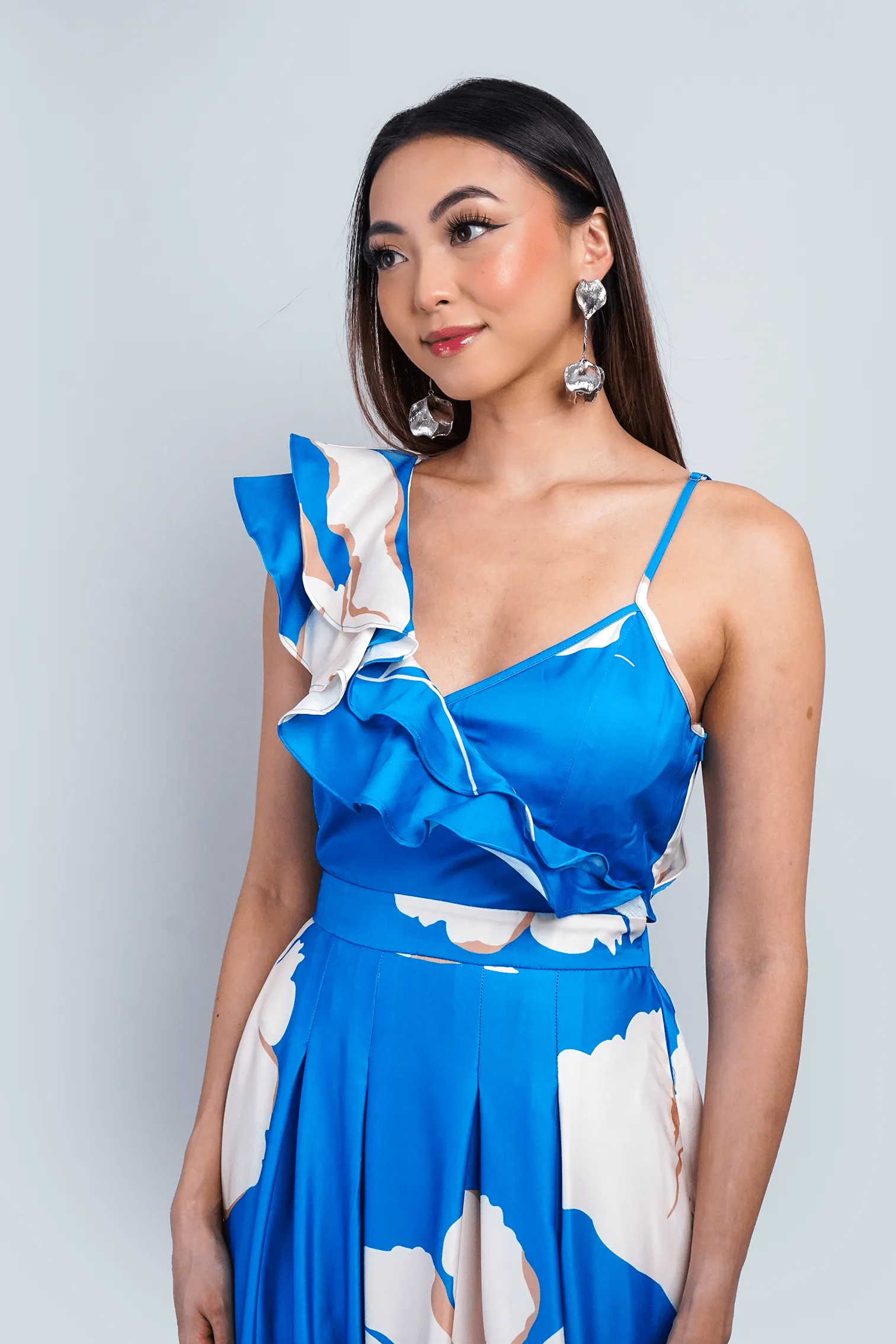 Blue Ivory One Ruffle Straps Gown