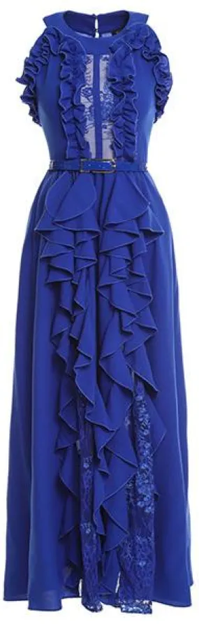 Blue Ruffled Maxi Dress with Lace Detail