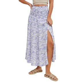 Blue Tropical Tiered Midi Skirt with Slit