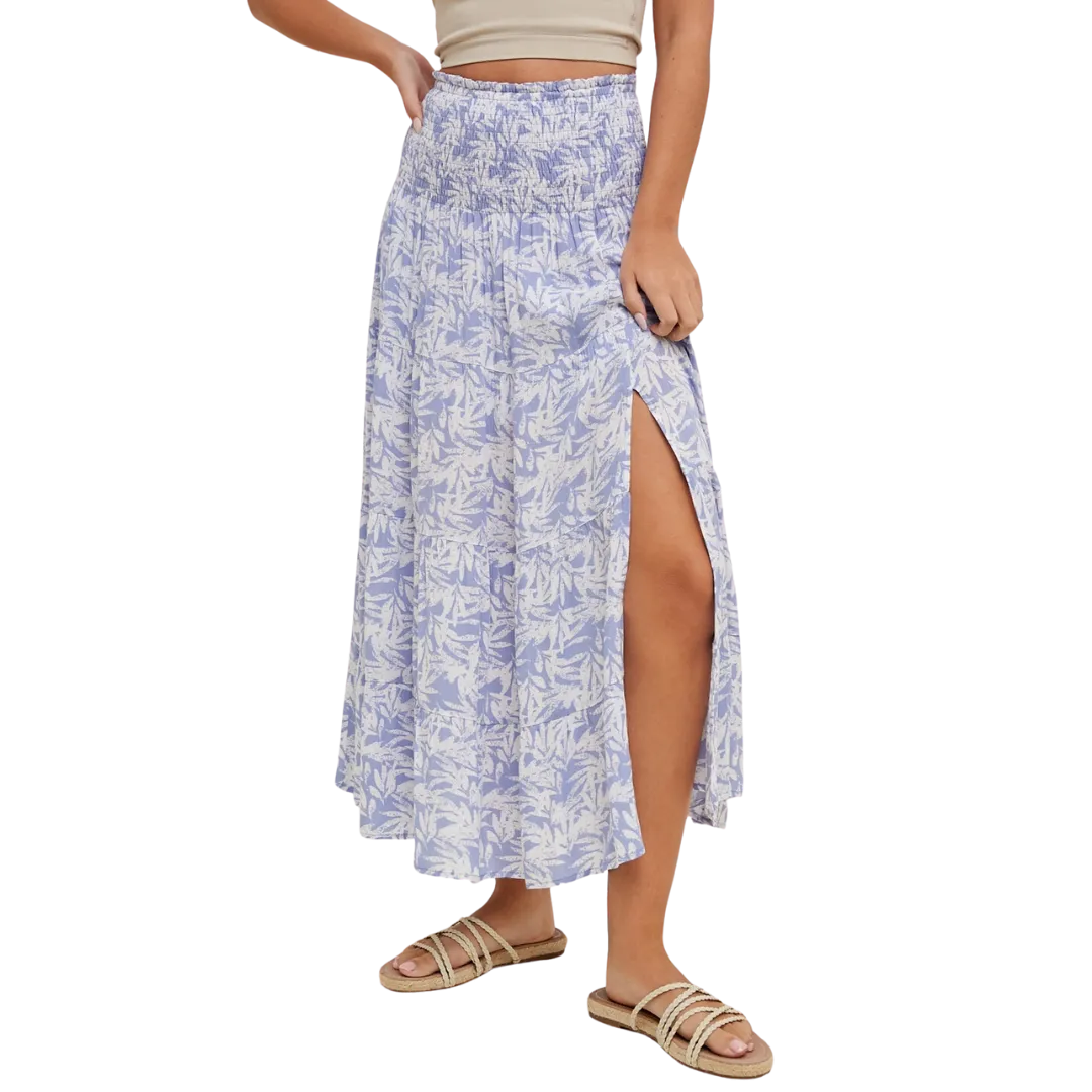 Blue Tropical Tiered Midi Skirt with Slit