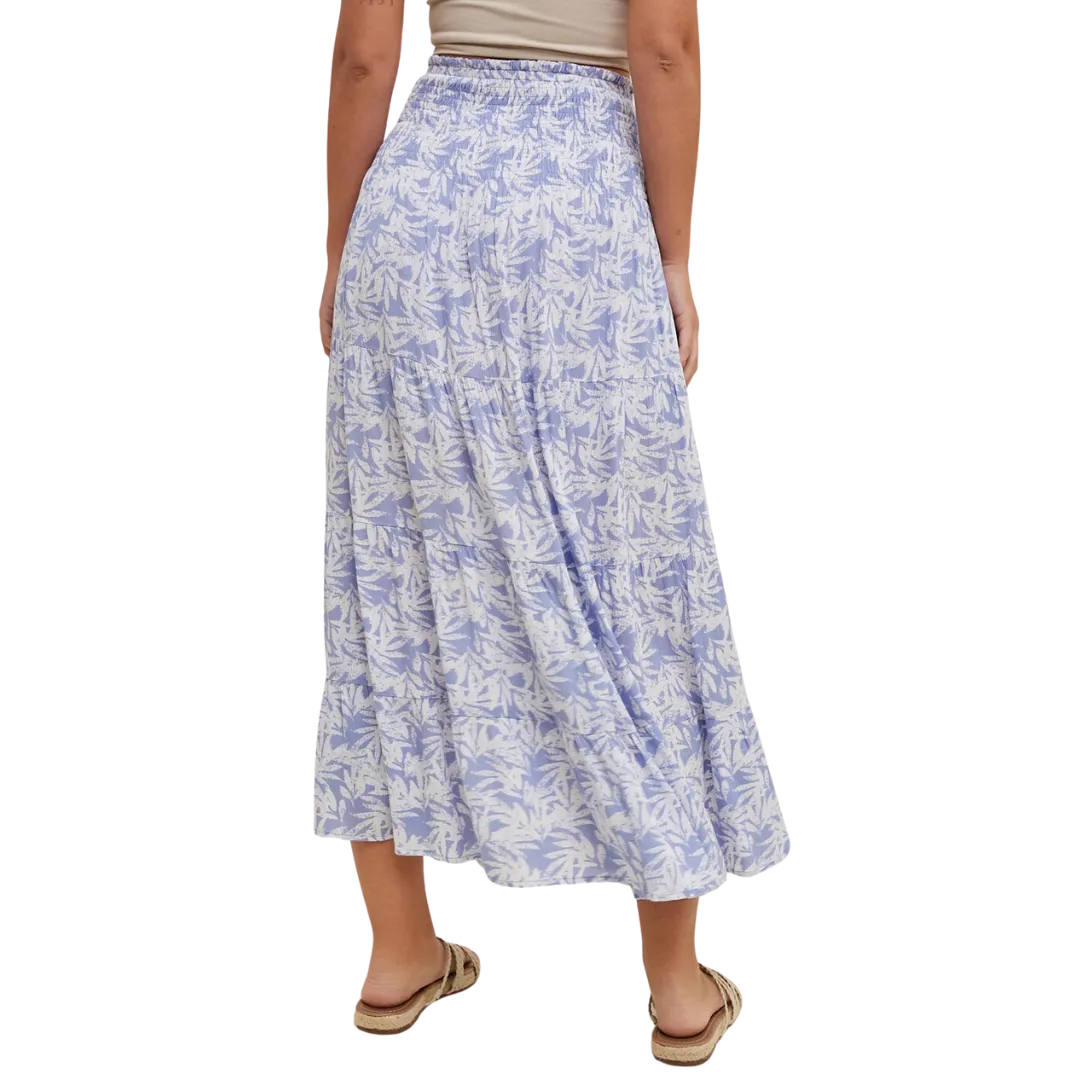 Blue Tropical Tiered Midi Skirt with Slit