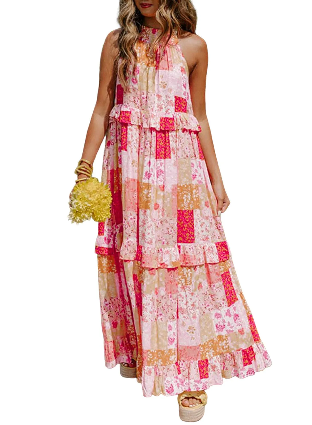 Bohemian Geometric Floral Print Maxi Dress with Ruffled Details