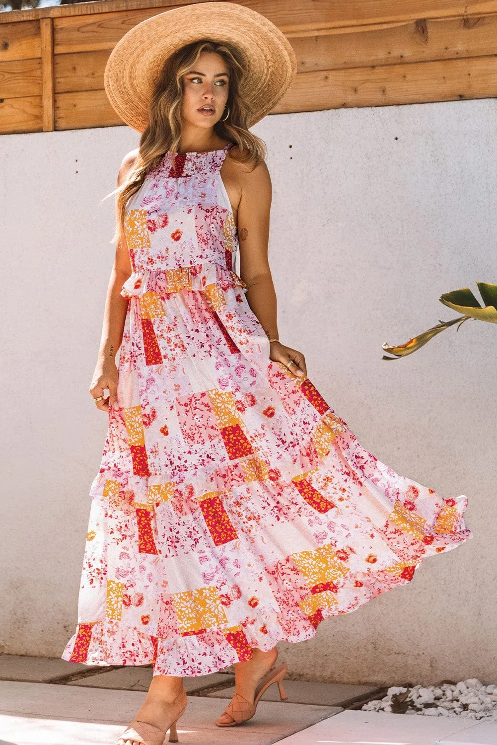 Bohemian Geometric Floral Print Maxi Dress with Ruffled Details