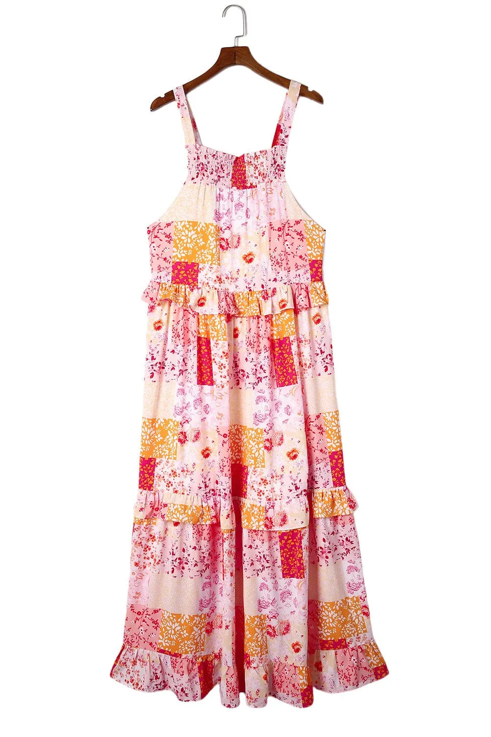 Bohemian Geometric Floral Print Maxi Dress with Ruffled Details