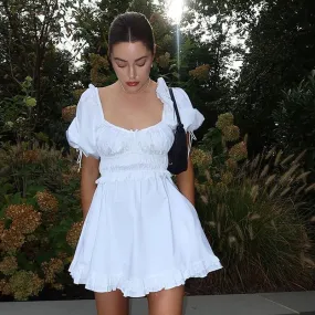 Bonnyshow Boho White Dress Sweet Girls Puff Short Sleeve Square Neck Ruffles Bodycon For Wedding Party Bridesmaid Summer Vintage Dress