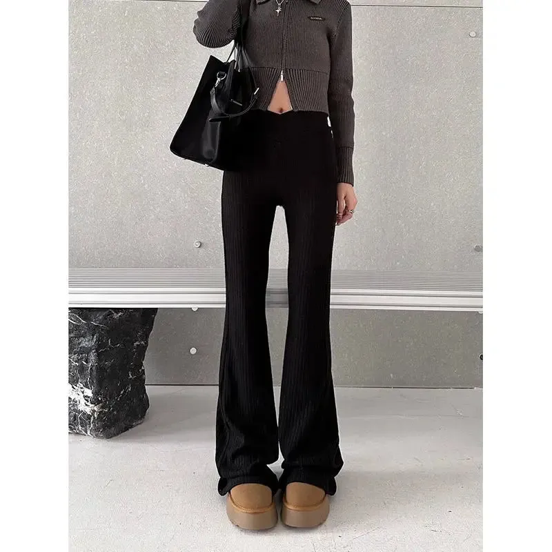 Bonnyshow Vintage Gray Flare Pants Women Harajuku Black High Waist Wide Leg Trousers Korean Slim Knit Full Pants Y2K Streetwear