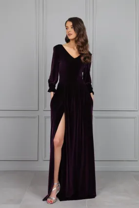 Bridesmaid Dress Velvet Dress Slit Dress V Neck Maxi Dress Winter Long Sleeve Wedding Guest Dress