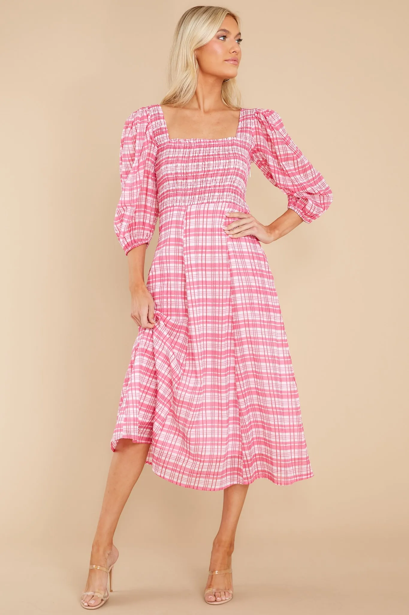 Bridget Country Plaid Pink Midi Dress