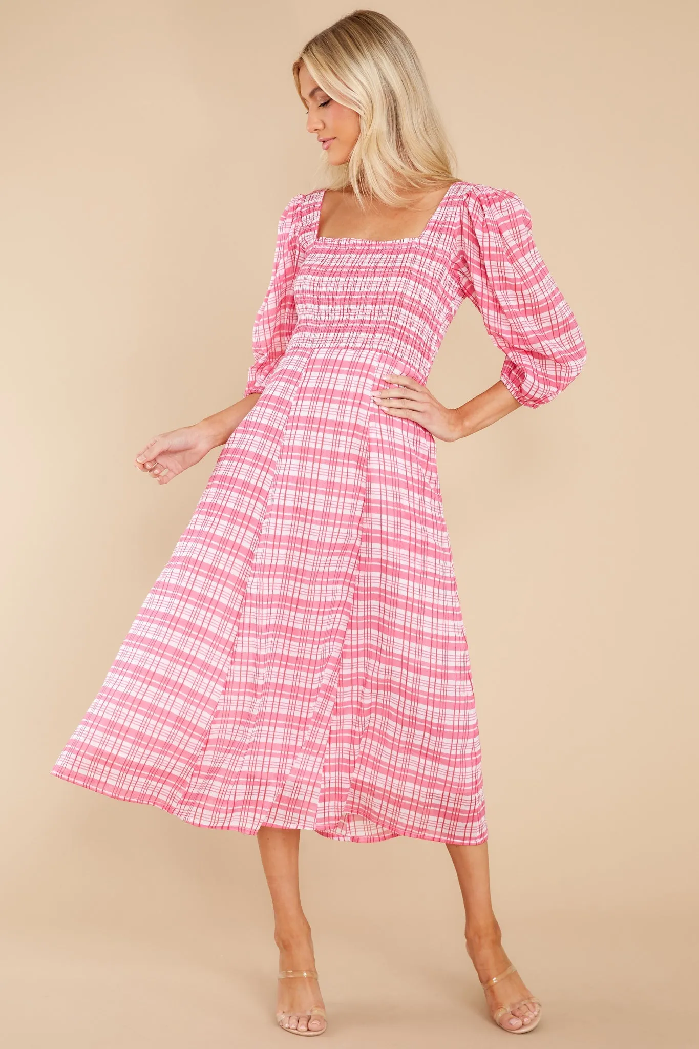 Bridget Country Plaid Pink Midi Dress