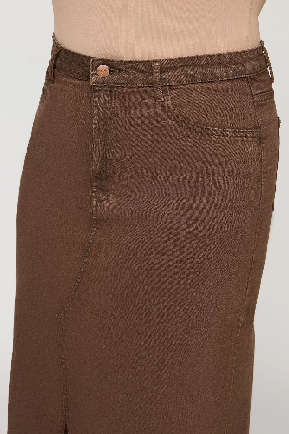 Brown Glam Front Slit Curve Midi Skirt