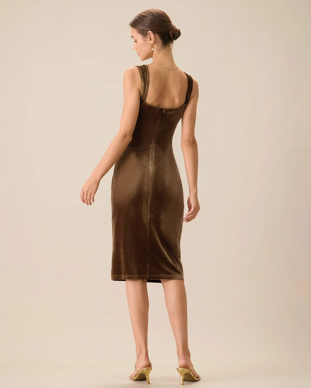 Brown Velvet Bodycon Midi Dress