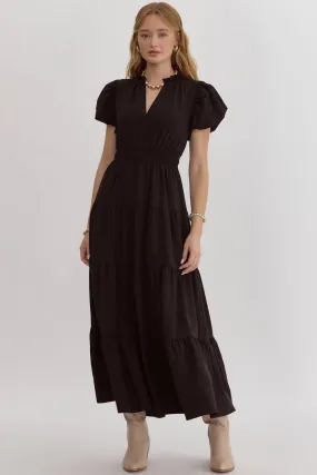 Bubble Sleeve V-Neck Tiered Dress, Black