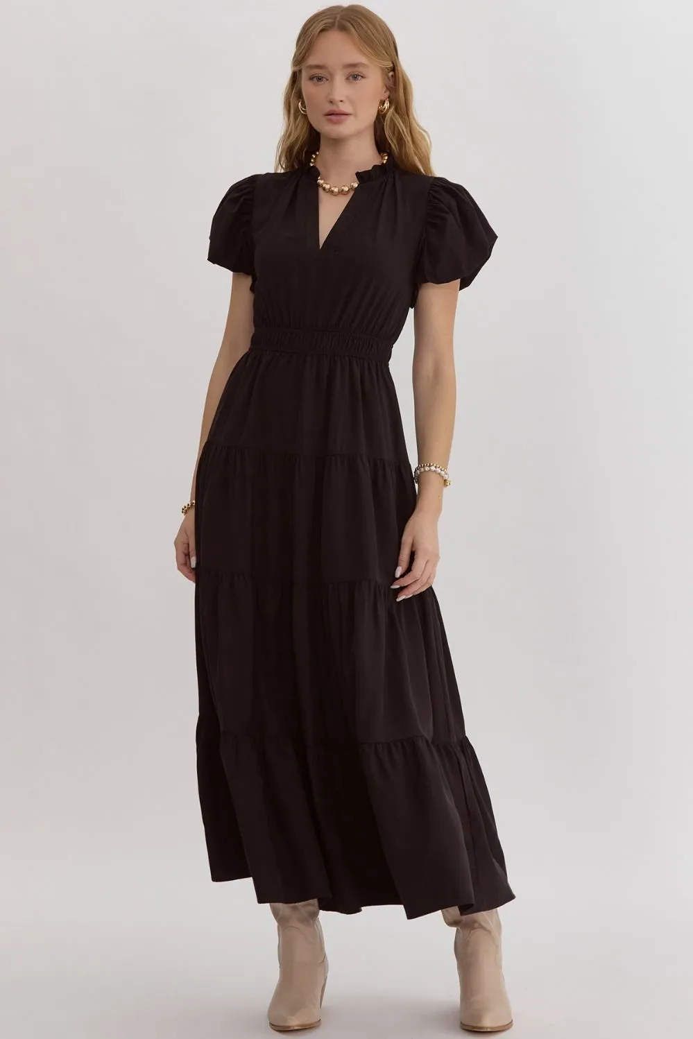 Bubble Sleeve V-Neck Tiered Dress, Black