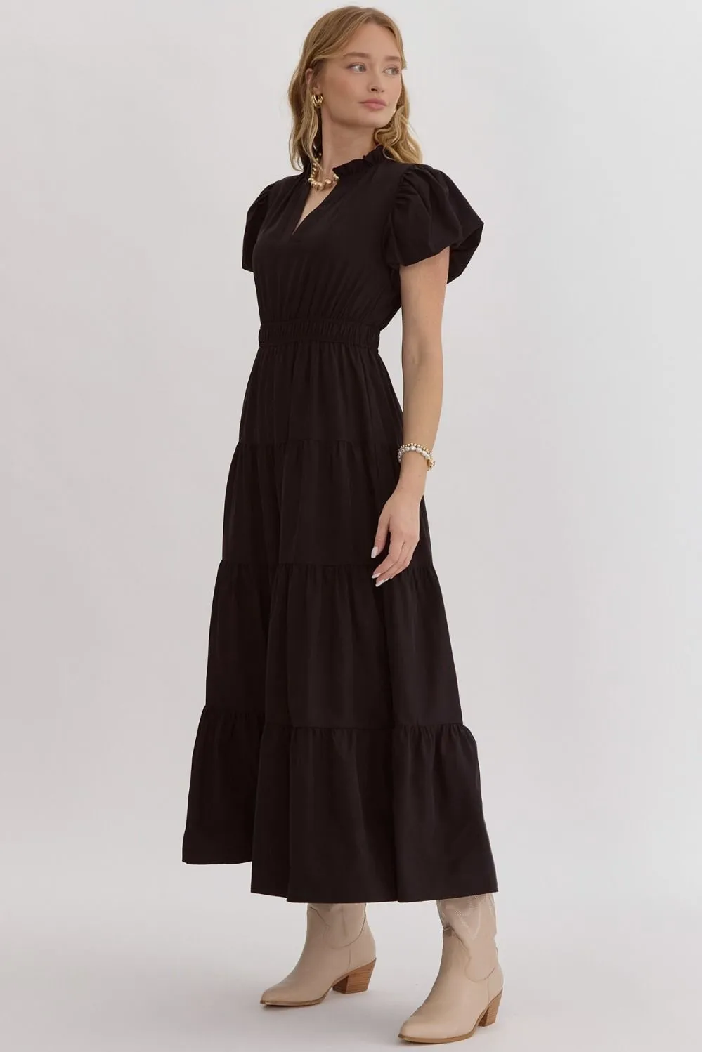 Bubble Sleeve V-Neck Tiered Dress, Black