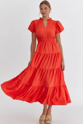 Bubble Sleeve V-Neck Tiered Dress, Red