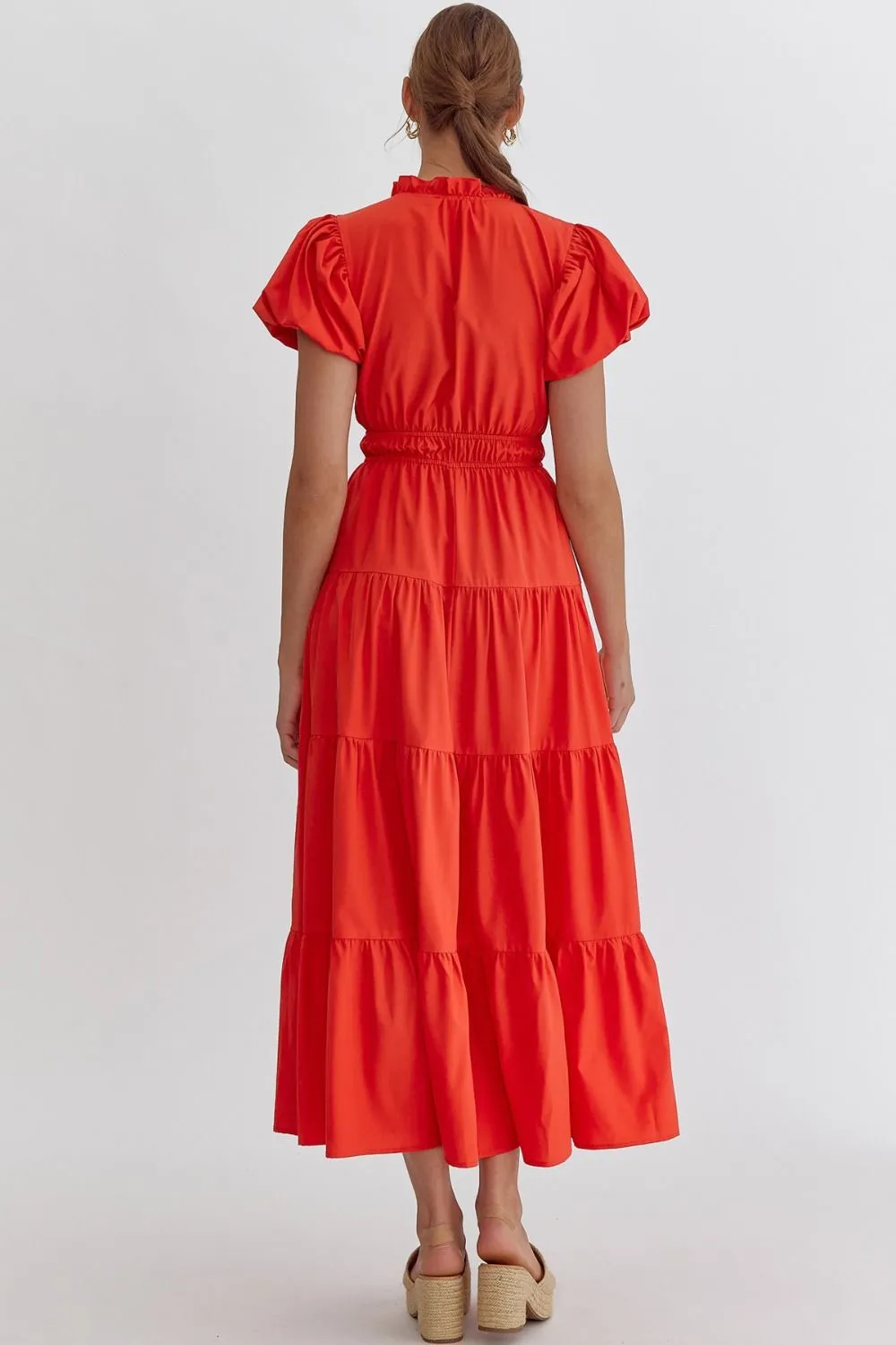 Bubble Sleeve V-Neck Tiered Dress, Red