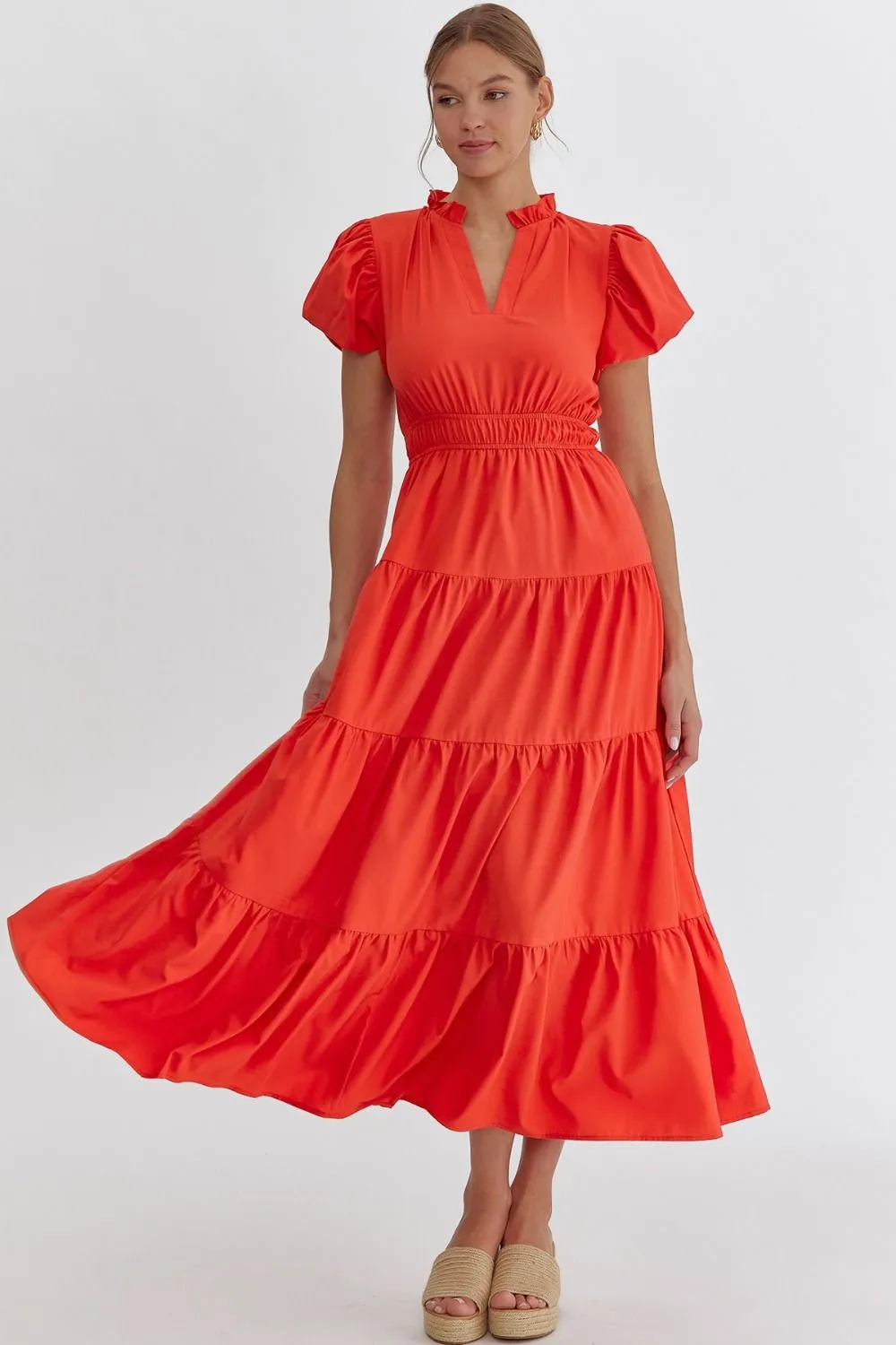 Bubble Sleeve V-Neck Tiered Dress, Red