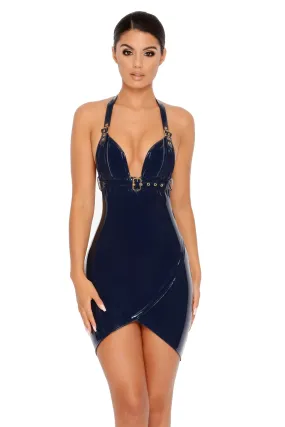 Buckle Up Plunge Halter Neck Vinyl Mini Dress in Navy