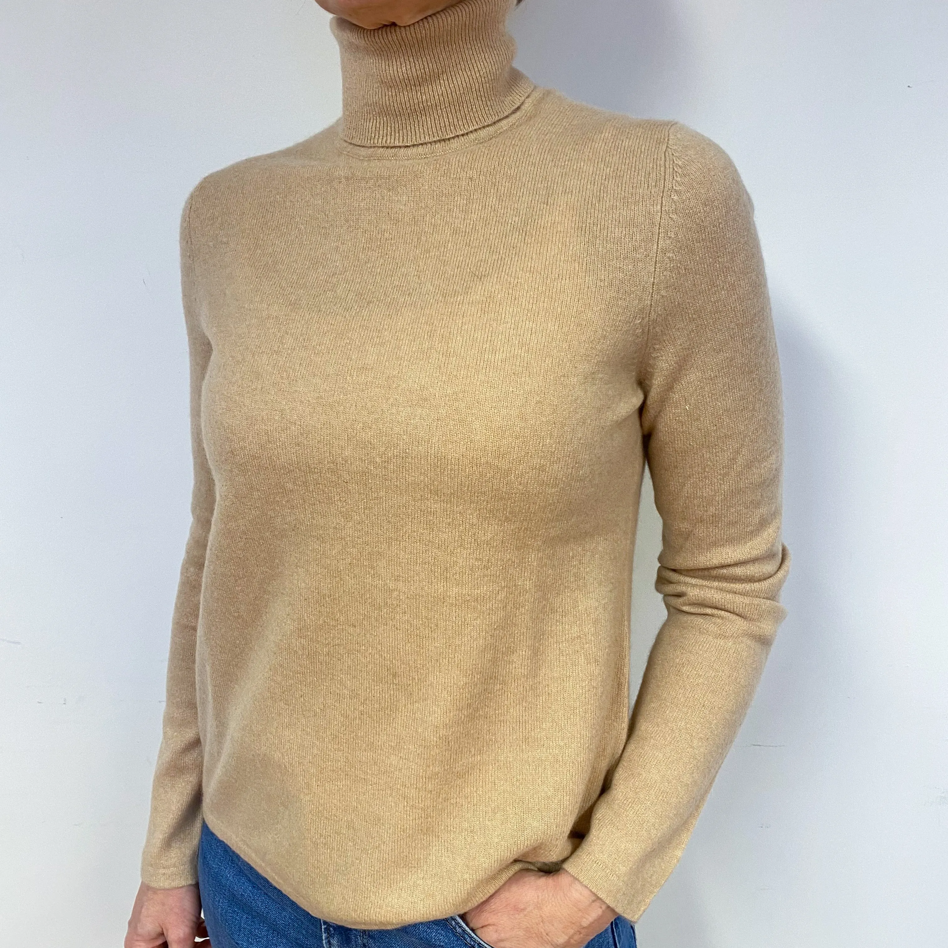 Buff Beige Cashmere Polo Neck Jumper Medium