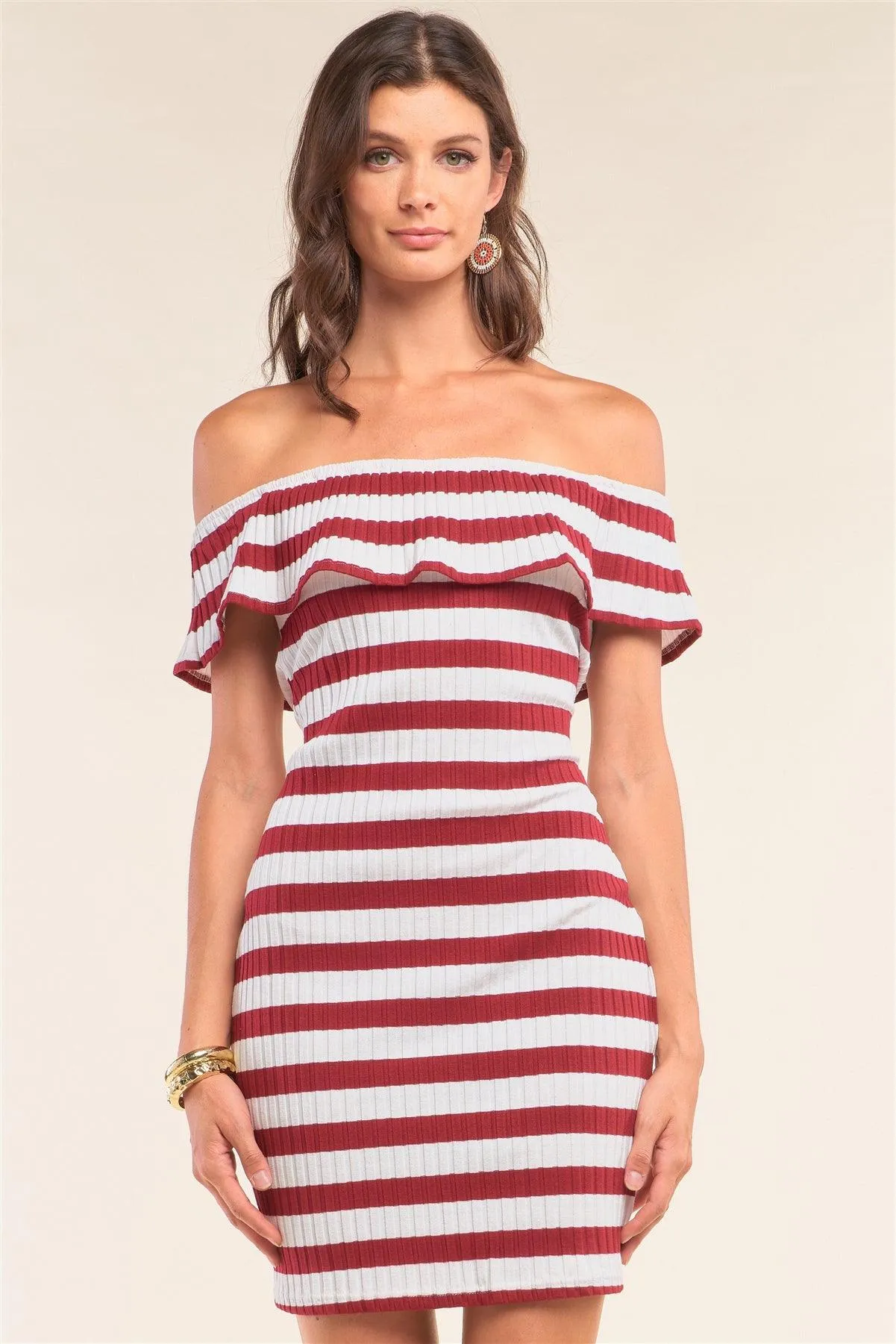 Burgundy White Striped Sleeveless Off-The-Shoulder Flare Hem Ribbed Bodycon Mini Dress /1-2-2-1