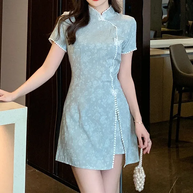 Butterfly Button Slit Cheongsam Dress Shorts Set