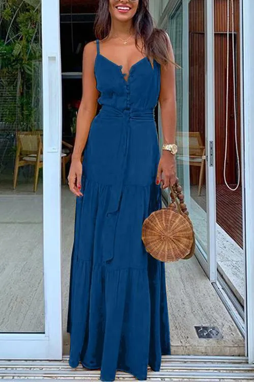 Button Belted Slip Maxi Dress