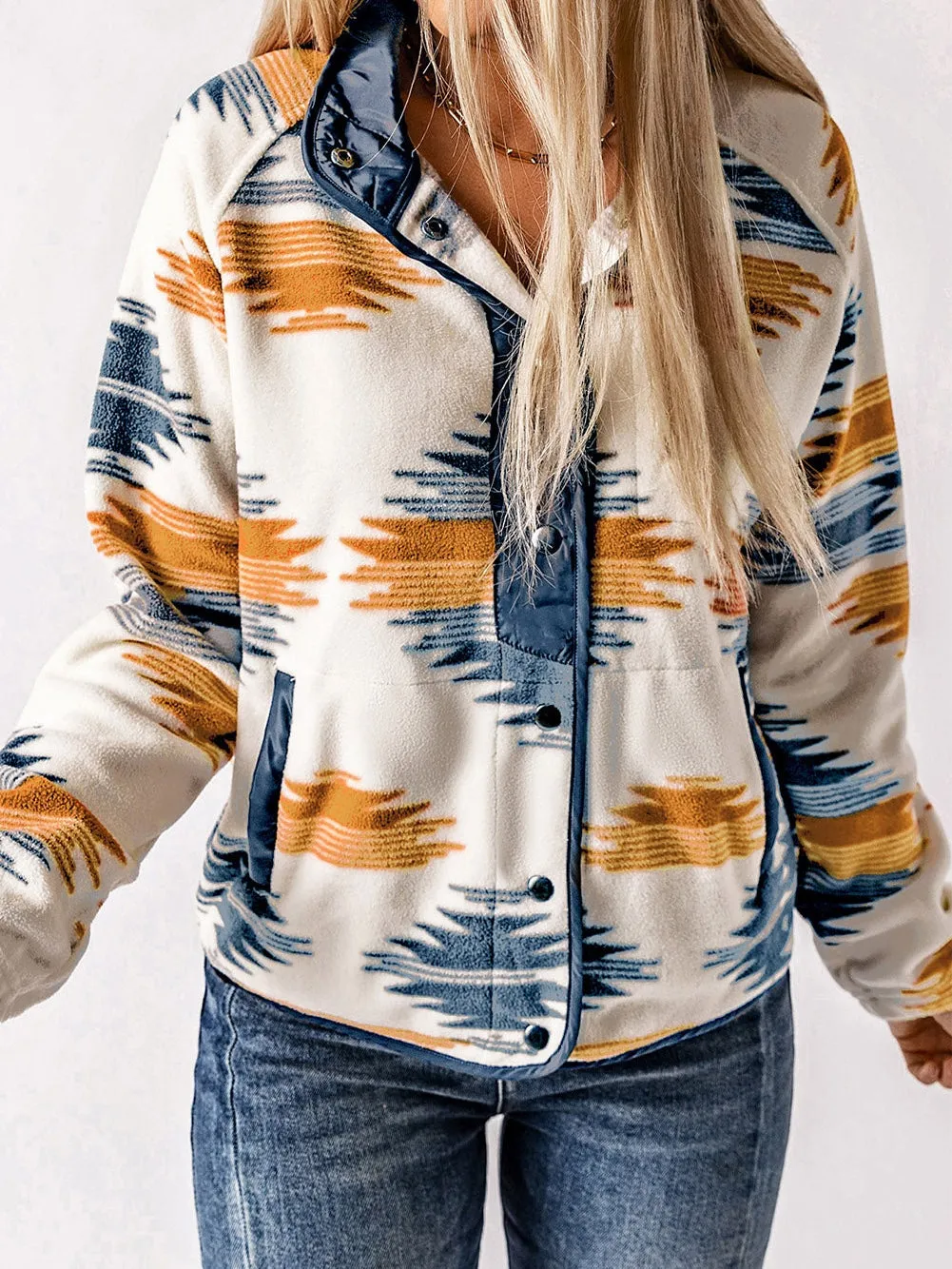 Button-Up Fleece Jacket with Geometric Print