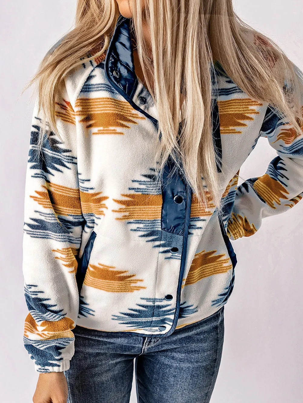 Button-Up Fleece Jacket with Geometric Print