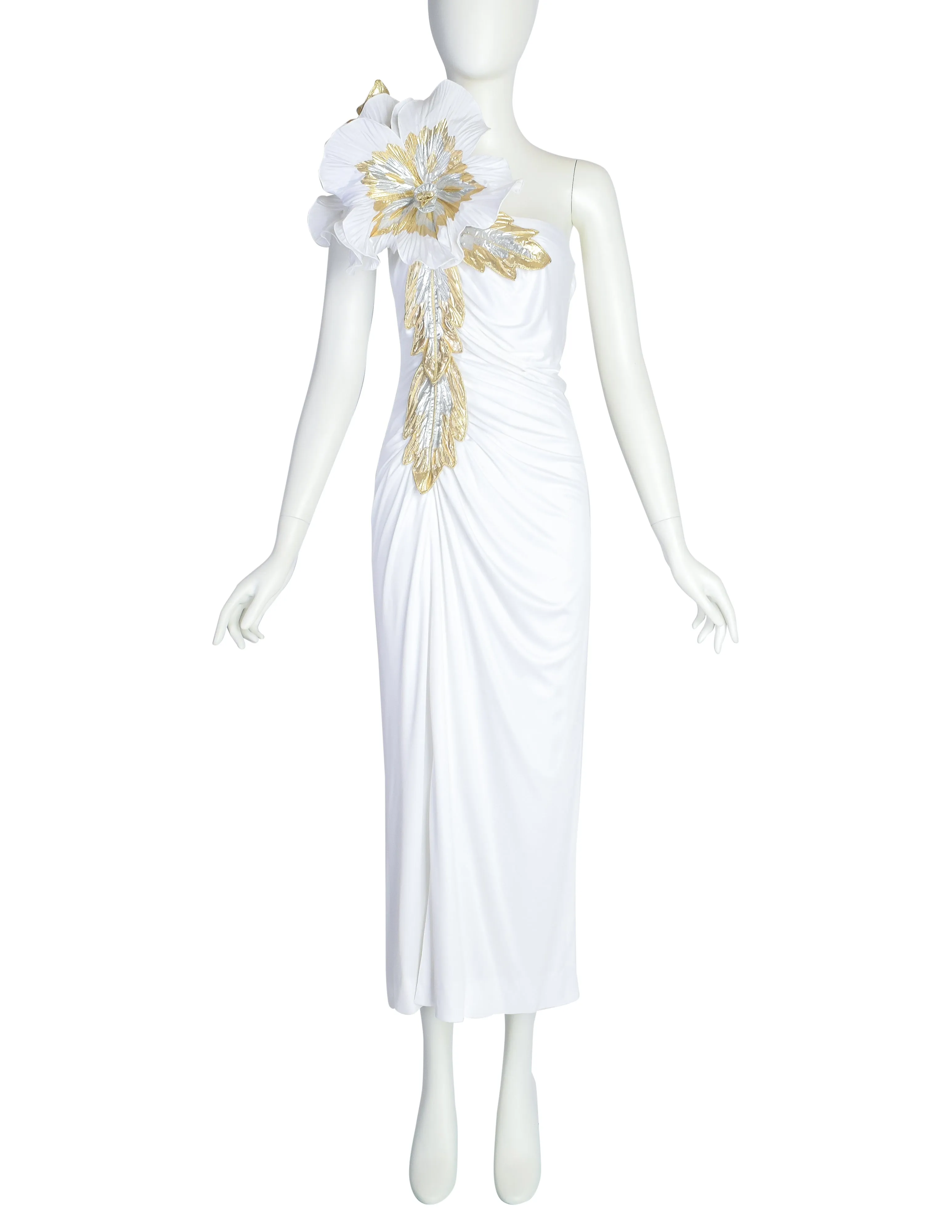 Cache Vintage White Gold Silver Huge Flower ICONIC Carrie Bradshaw Whitney Houston Gown Dress