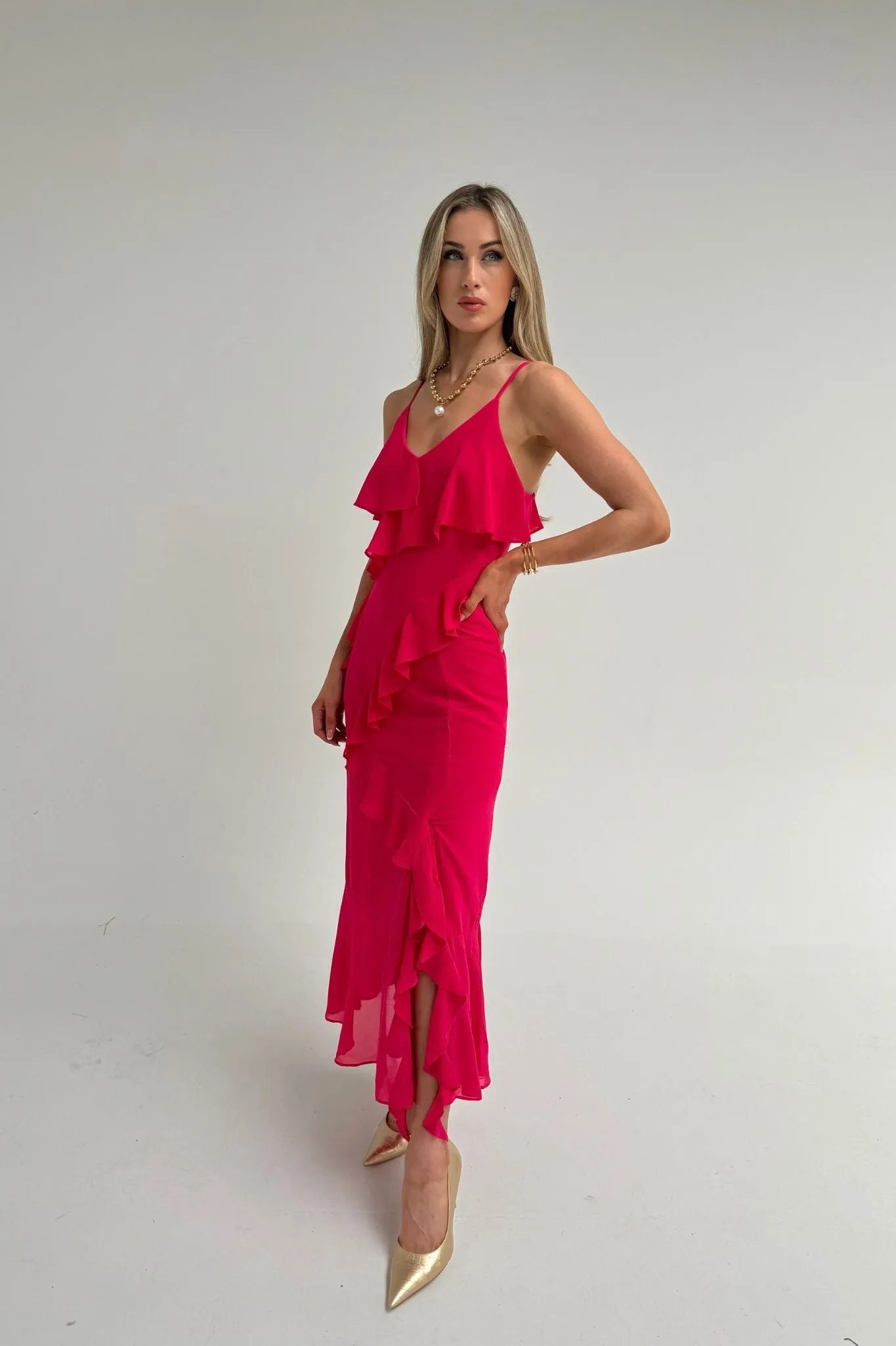 Caitlyn Layered Ruffle Dress In Fuchsia