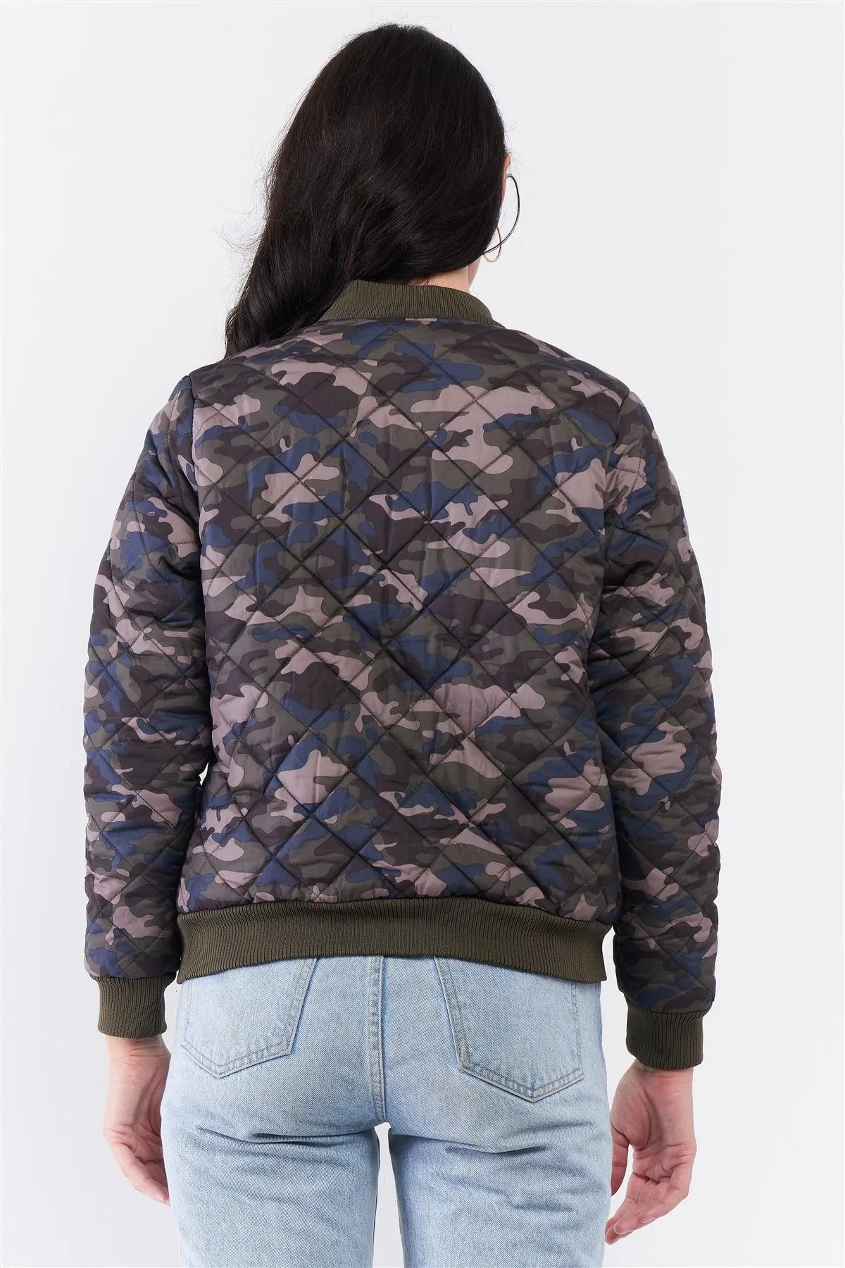 Camo Quilted Puff Sleeve Front Zip-Up Winter Jacket