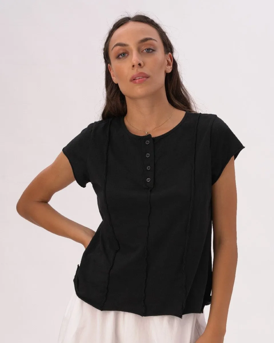 Cap Sleeve Stitched Cotton Button Top