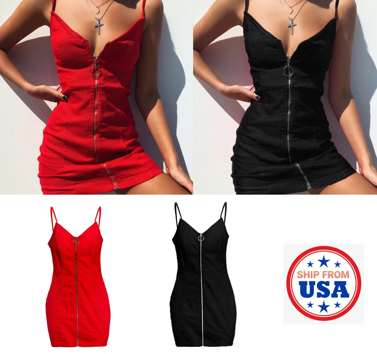 Casual Zipper Bodycon Mini Cami Dress